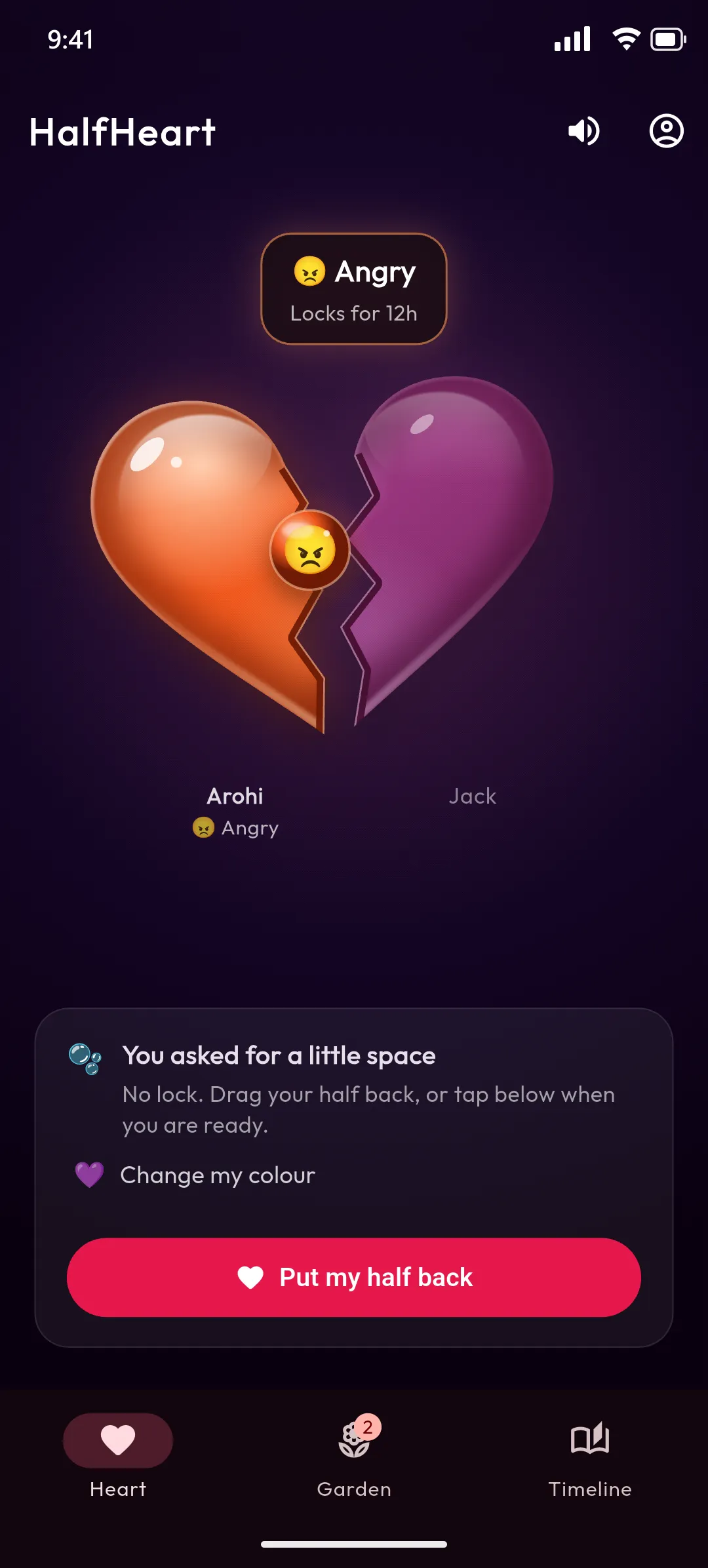 Pulling a half away: it turns ember orange with an angry jelly candy in the crack and the label Angry, locks for 12h