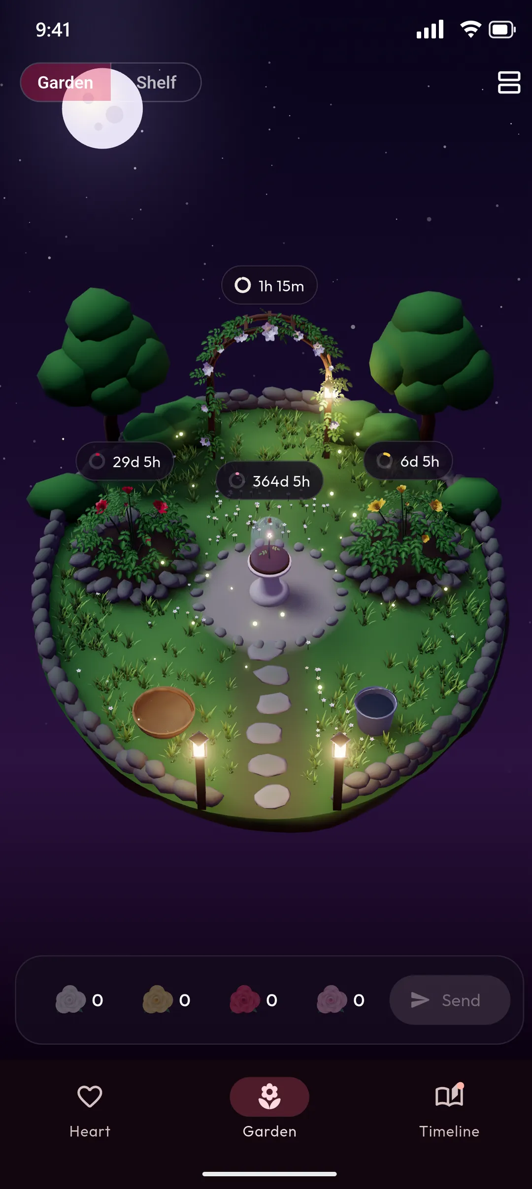 HalfHeart 3D garden: a small moonlit island with lanterns, fireflies and rose beds counting down to the next bloom