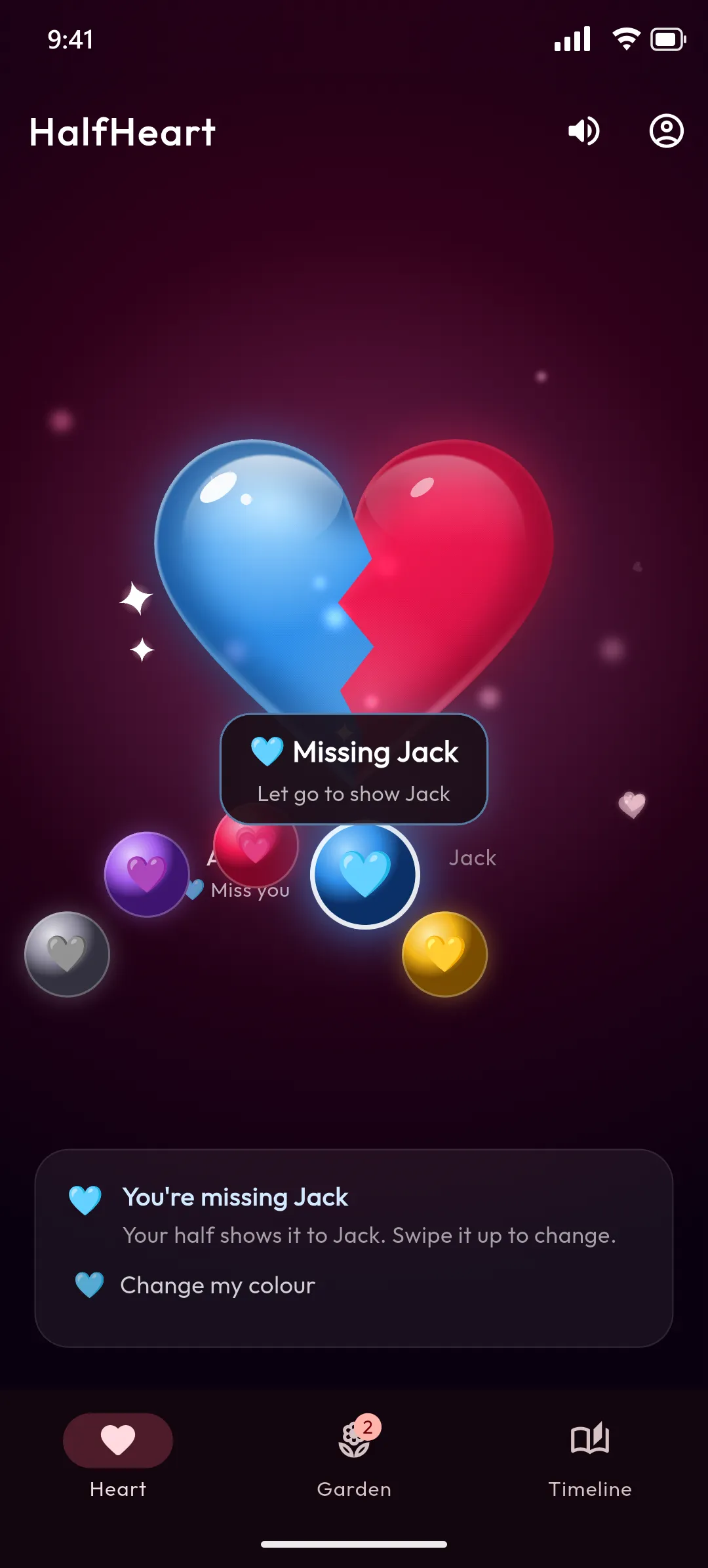 HalfHeart mood picker: one half of the heart turned blue for Missing you, with five colour choices around it