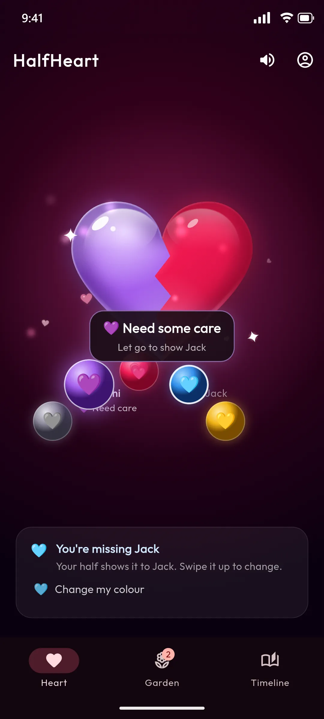 The colour picker open, with the half turned purple for Need some care