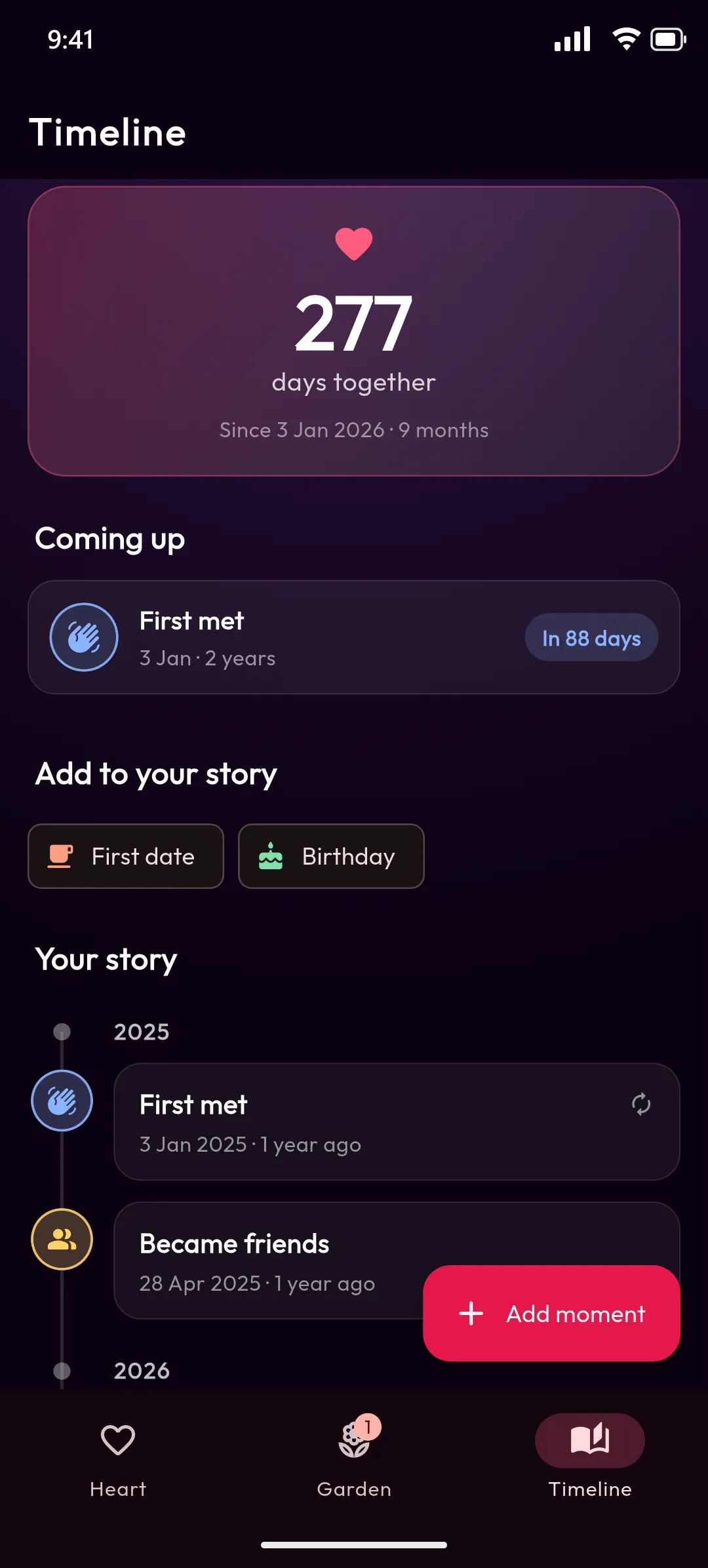 The shared timeline: 277 days together, a countdown to the next anniversary and moments like First met and Became friends